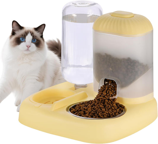 Automatic Cat Feeder Water Dispenser with Stainless Steel Bowl, 2 in 1 Gravity Cat Feeder Large Capacity Dispenser for Pet Dogs Puppy Kitten (Yellow)