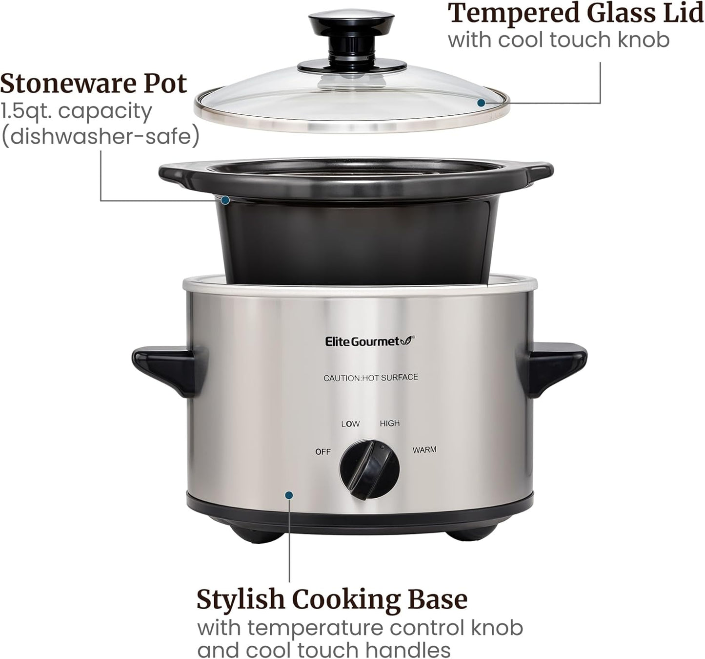MST-250XS Electric Slow Cooker Ceramic Pot, Adjustable Temp, Entrees, Sauces, Stews & Dips, Dishwasher Safe Glass Lid & Crock, 1.5 Quart, Stainless Steel