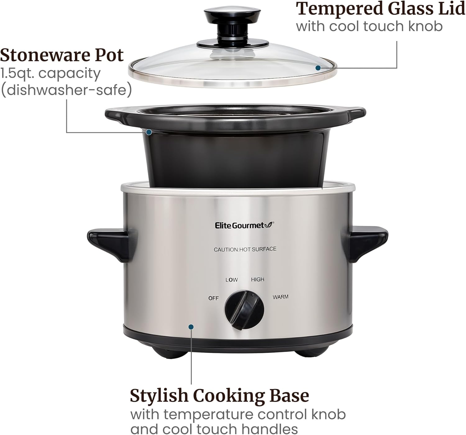 MST-250XS Electric Slow Cooker Ceramic Pot, Adjustable Temp, Entrees, Sauces, Stews & Dips, Dishwasher Safe Glass Lid & Crock, 1.5 Quart, Stainless Steel