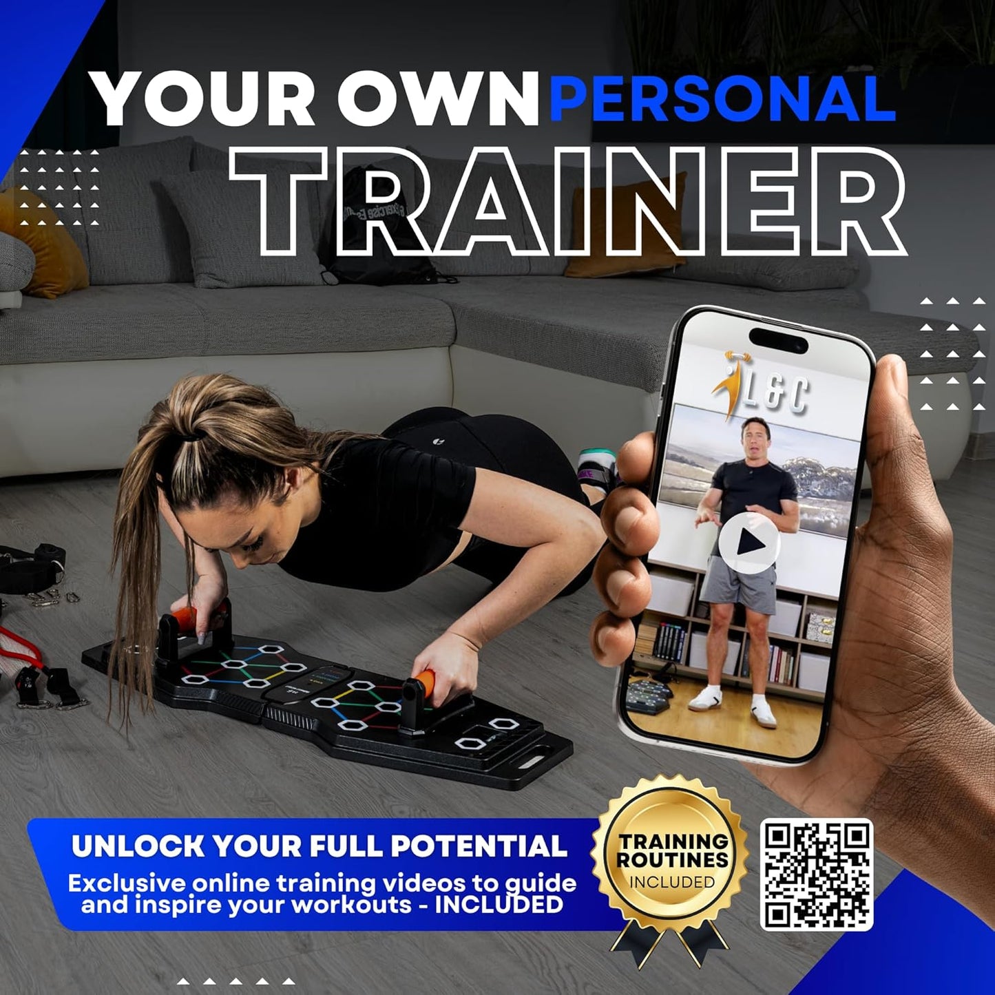 Push up Board for Full Body Workout at Home - Portable, Joint Friendly, Fun & Motivating Home Workout Equipment with QR Code Guided Workouts - Ideal for Men, Women, Teens -