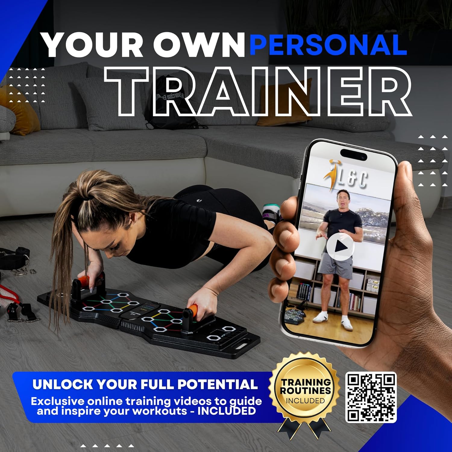 Push up Board for Full Body Workout at Home - Portable, Joint Friendly, Fun & Motivating Home Workout Equipment with QR Code Guided Workouts - Ideal for Men, Women, Teens -