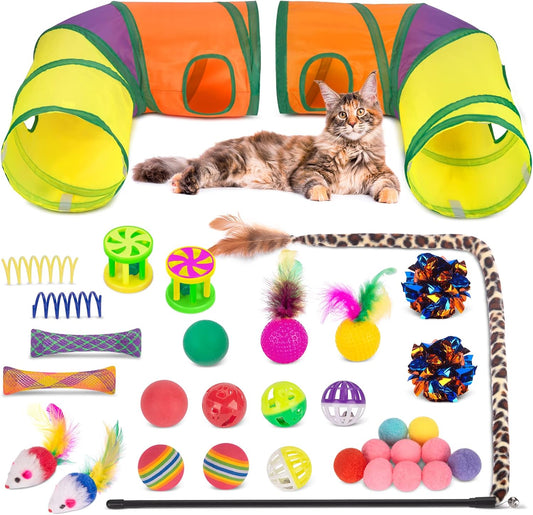 33Pack Cat Toys, Cat Tunnels Toy for Indoor Cats Kitten Kitty, Interactive Large Cat Tube Tent Feather Wand Teaser Bell Fuzzy Ball Springs Mouse Pet Set