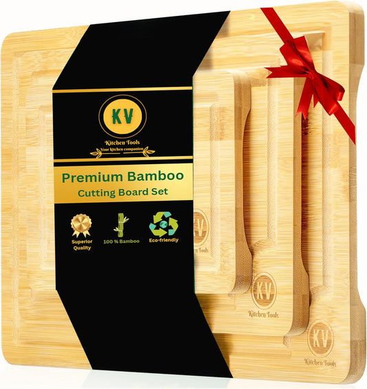 Bamboo Cutting Boards for Kitchen, Bamboo Cutting Board Set of 3 with Juice Groove & Side Handles, Thick Chopping Board for Meat, Veggies, Wooden Cutting Board Set, Kitchen Must Have, Best Gift Idea