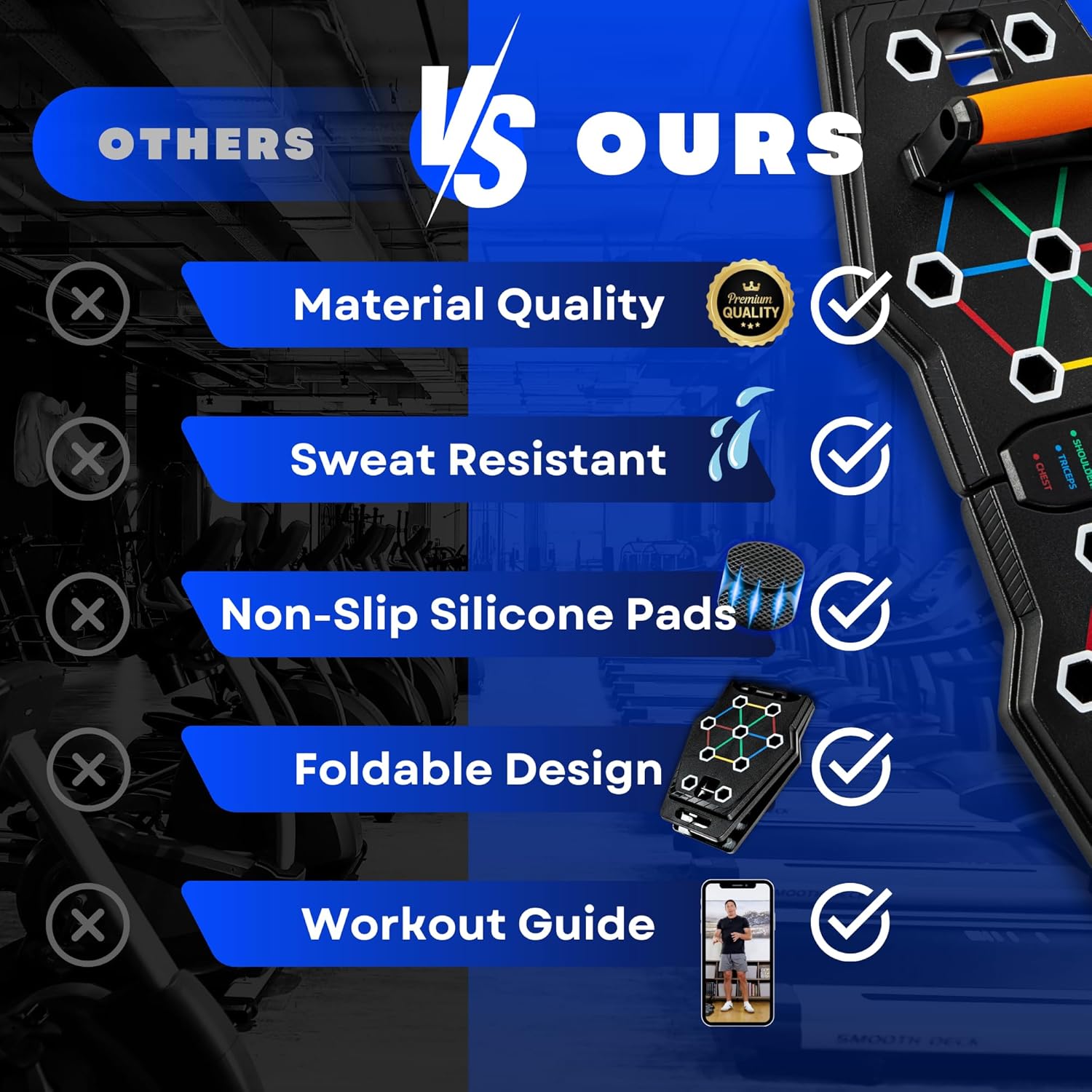 Push up Board for Full Body Workout at Home - Portable, Joint Friendly, Fun & Motivating Home Workout Equipment with QR Code Guided Workouts - Ideal for Men, Women, Teens -