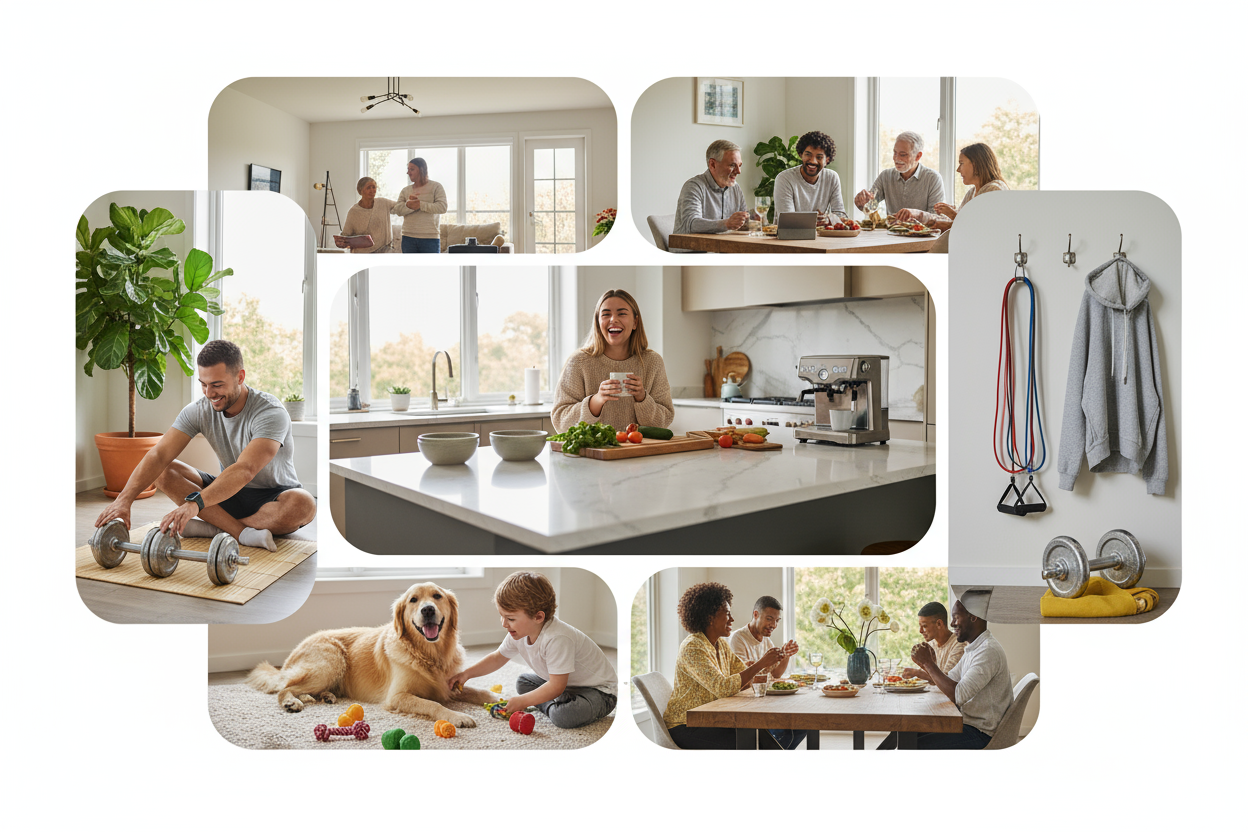 A bright, cheerful lifestyle collage featuring a cozy modern home interior filled with useful everyday products — stylish kitchenware on a counter, playful pet toys and a happy golden retriever, sleek fitness bands and dumbbells in the corner, and a soft hoodie hanging near a plant. Warm lighting, inviting atmosphere, diverse people smiling and interacting naturally — young adults, parents, and seniors — all enjoying their favorite items. The overall look is colorful, high-resolution, energetic, and inspiri