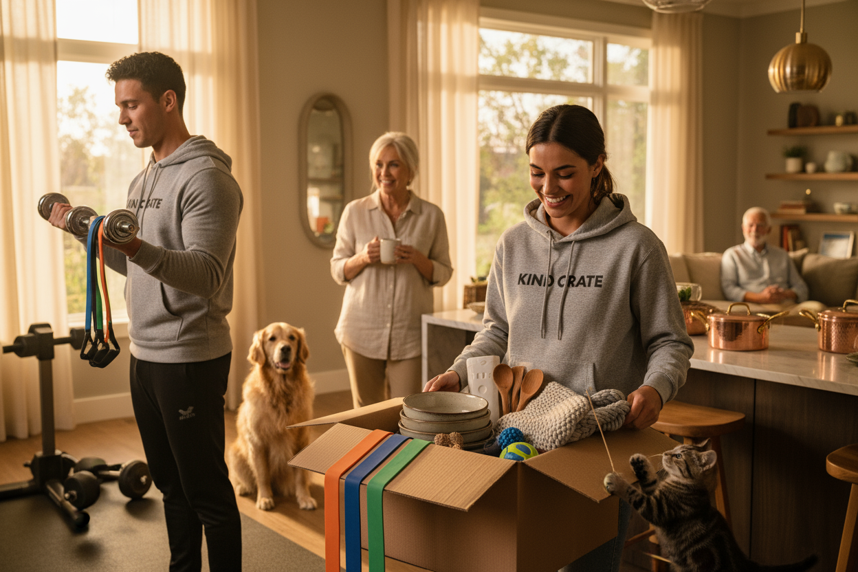 A cinematic, high-energy lifestyle scene showing the power of everyday living — glowing sunlight streaming into a stylish modern home. In one area, a young man lifts sleek dumbbells beside a vibrant Kind Crate resistance band set; nearby, a couple in Kind Crate hoodies are unboxing a package filled with everyday goods — kitchenware, cozy home accessories, and pet toys. A golden retriever and a playful kitten watch curiously. Behind them, a woman sips coffee beside gleaming cookware, while a senior couple sm
